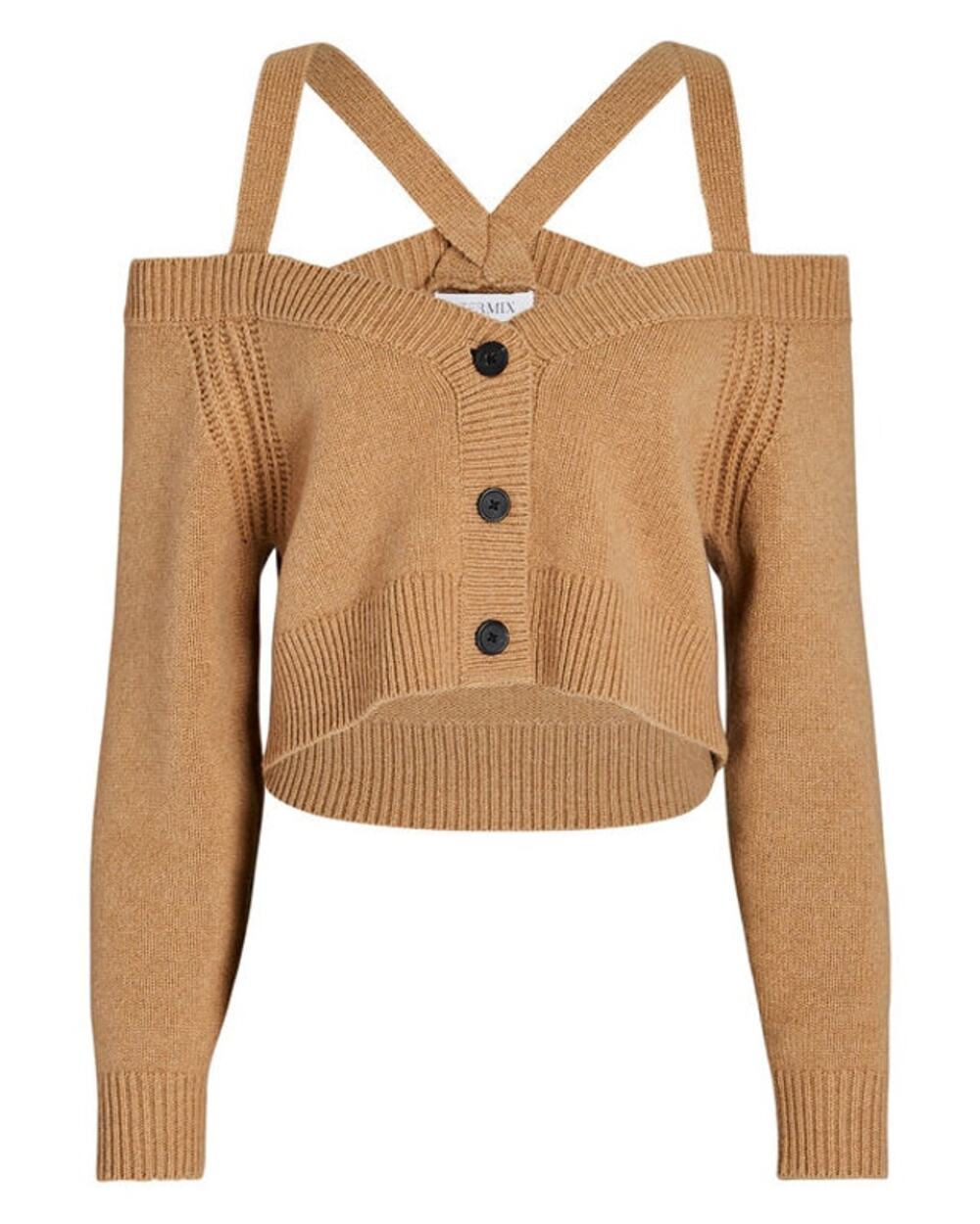 Intermix Beige Rumi Cold Shoulder V-Neck Button Cardigan P